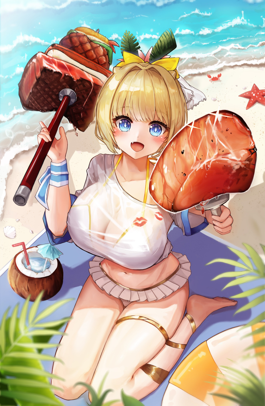 1girl absurdres ball bare_legs barefoot beach beachball bikini blonde_hair blue_eyes breasts brown_dust_2 cleavage cocktail_umbrella coconut_cup conch crab drinking_straw fang foliage fork frilled_skirt frills hair_ornament highres holding holding_fork holding_skewer justia_(brown_dust) large_breasts light_blush looking_at_viewer midriff ocean open_mouth outstretched_arm oversized_food oversized_object puling see-through see-through_shirt seiza shirt short_hair sitting skewer skirt small_horns starfish swimsuit thigh_strap waves wet wet_clothes wet_shirt wristband