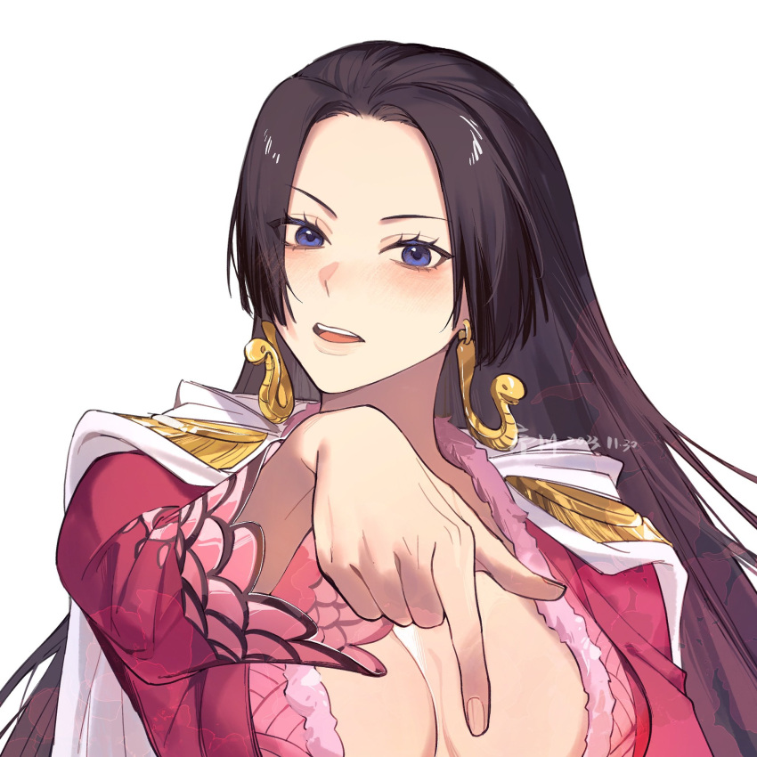 1girl amazon_warrior black_hair boa_hancock cape dress earrings facing_viewer highres jewelry jyukawa long_hair long_sleeves one_piece open_mouth pointing pointing_down portrait red_dress simple_background snake_earrings solo teeth upper_teeth_only white_background