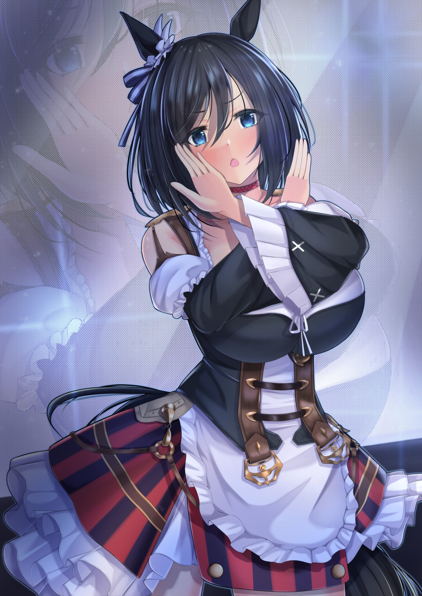 1girl absurdres animal_ears bare_shoulders black_dress black_hair blue_eyes blush bodice cela_f commentary_request commission cowboy_shot detached_sleeves dirndl dress ear_ornament eishin_flash_(umamusume) frilled_dress frills german_clothes hair_between_eyes highres horse_ears horse_girl horse_tail long_sleeves parted_lips short_hair skeb_commission solo tail umamusume x_arms zoom_layer