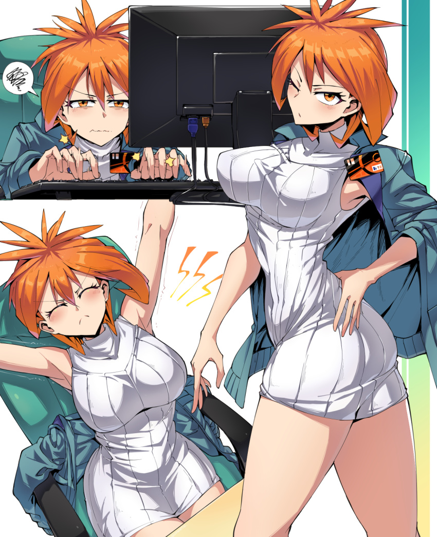 1girl :&lt; ass at_computer breasts brigette_(pokemon) chair dress highres jacket jacket_on_shoulders keyboard_(computer) large_breasts monitor office_chair one_eye_closed orange_eyes orange_hair pokemon_bank pout ribbed_dress shimure_(460) short_hair sleeveless sleeveless_dress solo spiked_hair spoken_squiggle squiggle sweater sweater_dress swivel_chair white_dress