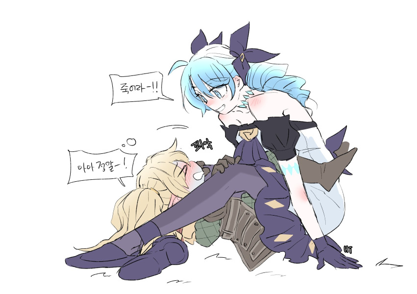 &gt;o&lt; 2girls armor bare_shoulders black_bow black_pantyhose blonde_hair blush bow brown_footwear drill_hair green_hair grin gwen_(league_of_legends) hair_bow highres league_of_legends long_hair looking_at_another lying multiple_girls on_back pantyhose poppy_(league_of_legends) shoes simple_background smile speech_bubble teeth translation_request twin_drills twintails white_background xayahsona_27 yordle