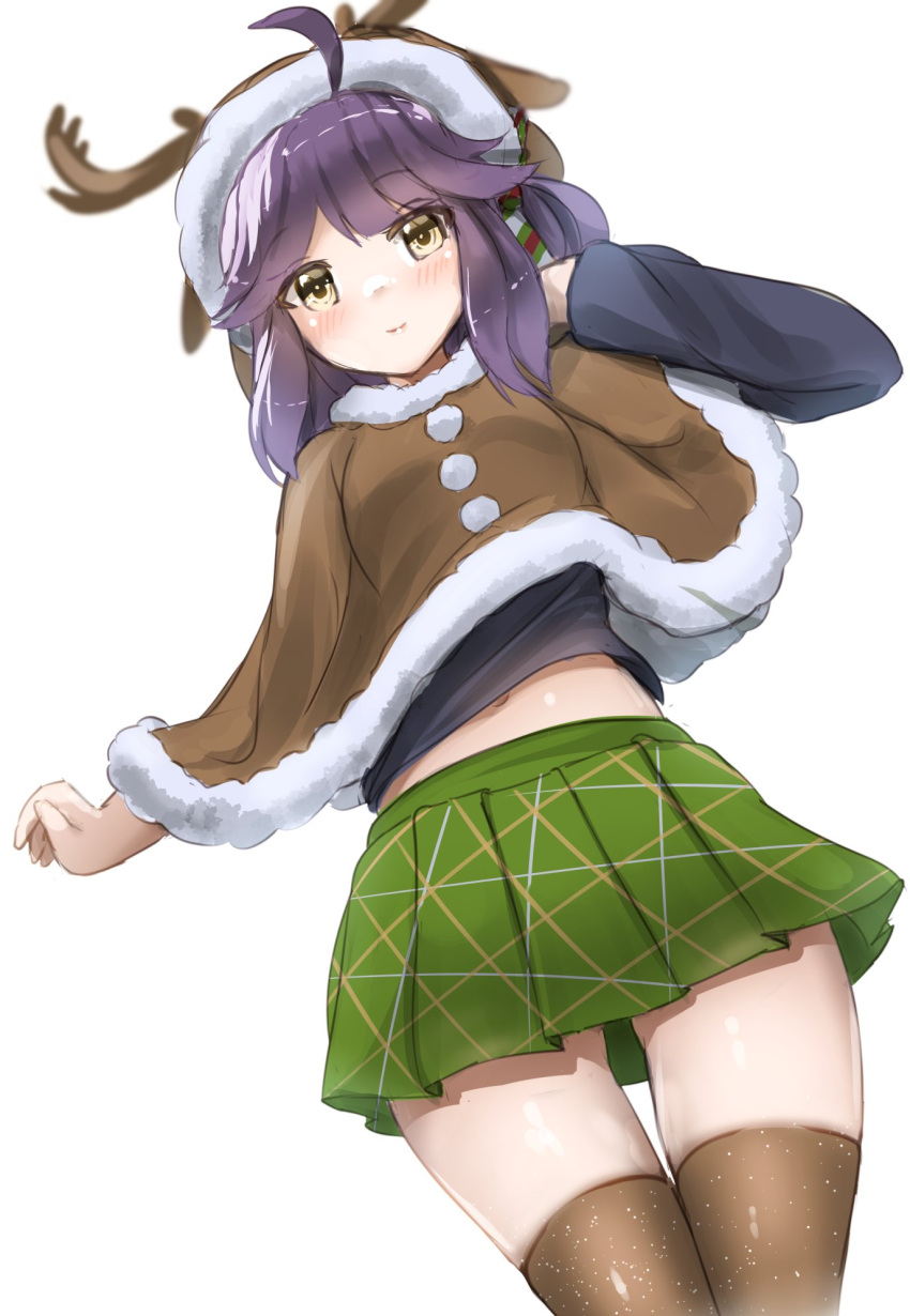 1girl ahoge animal_ears animal_hood antlers black_shirt brown_capelet brown_thighhighs capelet cowboy_shot deer_antlers deer_ears dress fake_animal_ears fake_antlers fur-trimmed_capelet fur_trim green_skirt hayanami_(kancolle) highres hood kantai_collection looking_at_viewer official_alternate_costume one-hour_drawing_challenge pleated_dress ponytail purple_hair redundant-cat reindeer_antlers reindeer_hood shirt short_hair sidelocks simple_background skirt solo standing thighhighs white_background yellow_eyes