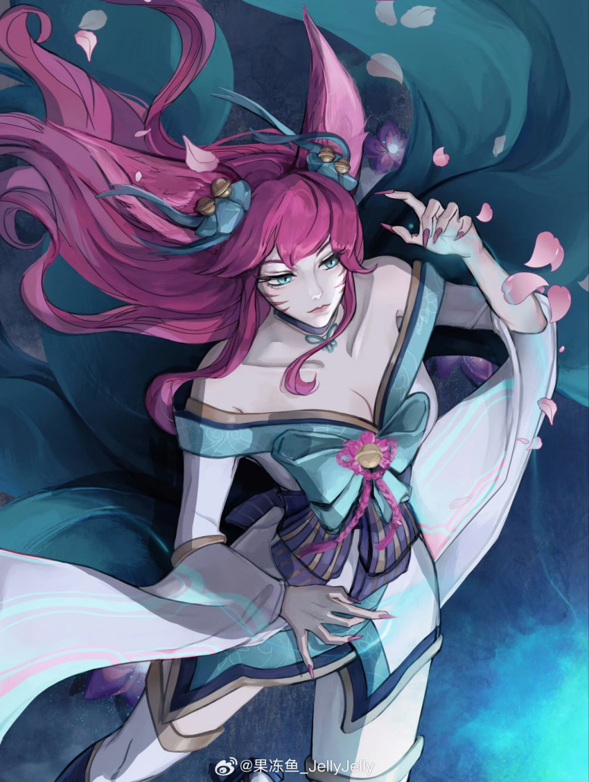 1girl ahri_(league_of_legends) animal_ears bare_shoulders bell black_background bow breasts closed_mouth collarbone cowboy_shot fingernails fox_ears fox_girl fox_tail grey_bow hair_bell hair_ornament hand_up highres japanese_clothes jellyjelly kimono large_bow large_breasts league_of_legends long_hair long_sleeves multiple_tails nail_polish official_alternate_costume petals red_hair sharp_fingernails solo spirit_blossom_ahri tail thighhighs