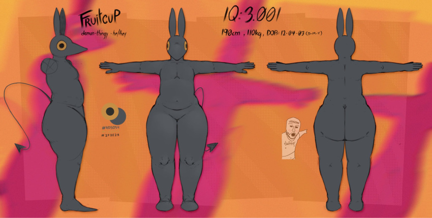 2023 abstract_background anthro avian big_butt biped black_eyes butt character_name clothing color_swatch crowmunch demon front_view fruitcup_(crowmunch) hi_res information male model_sheet navel nonbinary_(lore) nude orange_background prick_ears pronouns red_background shirt side_view simple_background slightly_chubby slightly_chubby_male solo soyjak spade_tail standing t-pose tail text text_on_clothing text_on_shirt text_on_topwear thick_thighs topwear two_soyjaks_pointing wide_hips yellow_sclera