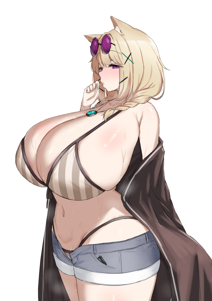 1girl absurdres alternate_breast_size animal_ears arknights bikini blonde_hair braid breasts brown_jacket denim denim_shorts highres huge_breasts jacket looking_at_viewer navel noe_(ppppriver) purple_eyes short_shorts shorts simple_background solo sunglasses swimsuit thigh_gap twin_braids utage_(arknights) utage_(summer_flowers)_(arknights) white_background