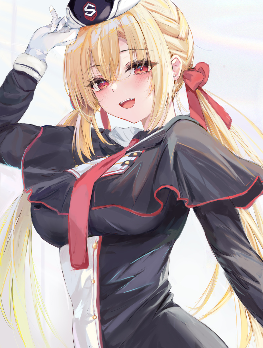 1girl :d absurdres adjusting_clothes adjusting_headwear arihara_nanami arm_at_side black_capelet black_headwear black_shirt blonde_hair blush bow braid breasts bright_pupils capelet chinese_commentary commentary_request crossed_bangs eyelashes eyes_visible_through_hair fang garrison_cap gloves hair_between_eyes hair_bow hair_ribbon hand_up hat highres impossible_clothes large_breasts long_hair looking_at_viewer low_twintails lshiki necktie open_mouth red_bow red_eyes red_necktie red_ribbon ribbon riddle_joker shirt side_braid simple_background smile solo teeth tsurime twintails upper_teeth_only very_long_hair white_background white_gloves