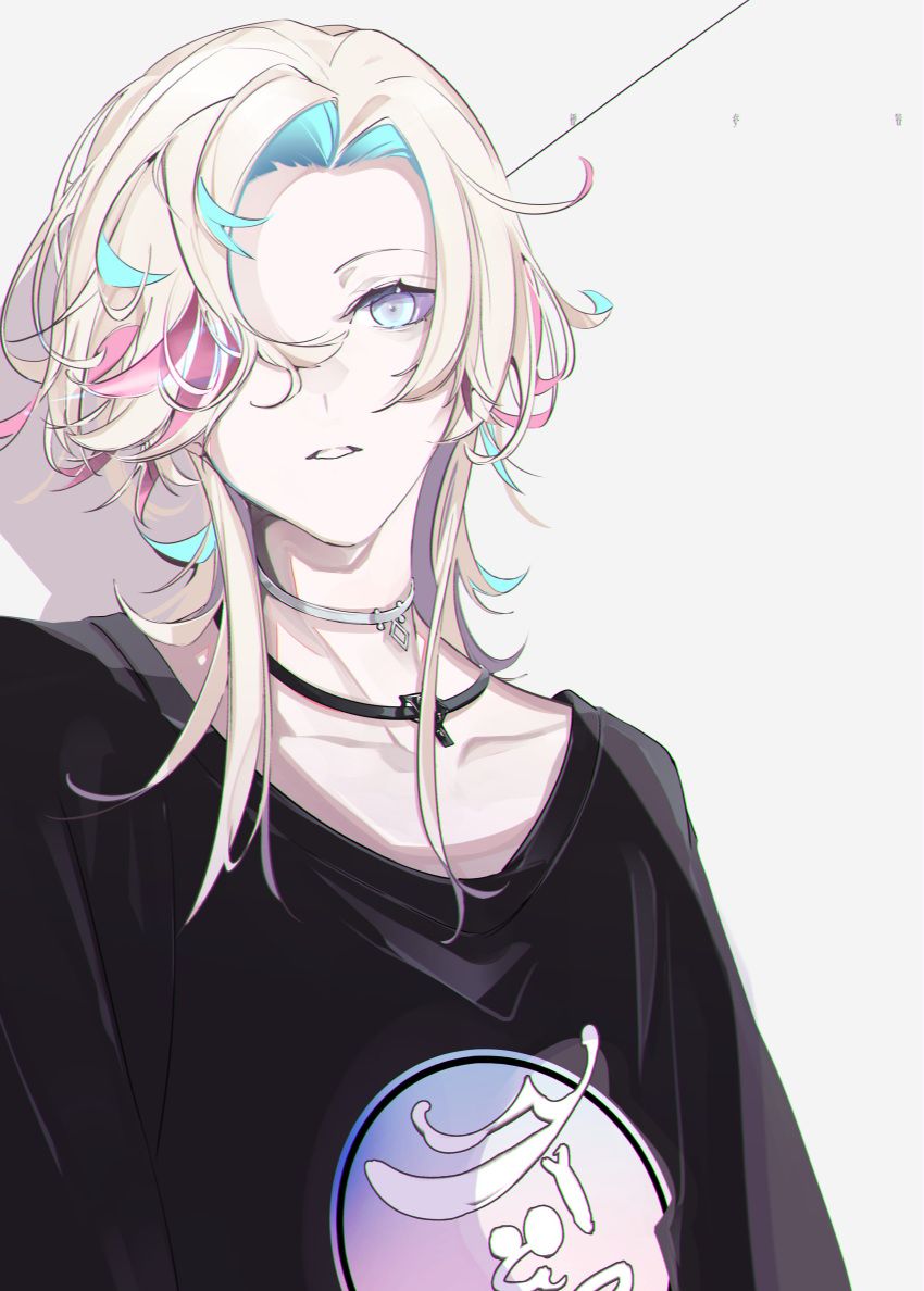 1boy absurdres androgynous baggy_clothes black_shirt blonde_hair blue_eyes blue_hair collarbone colored_inner_hair facing_viewer hair_over_one_eye highres holostars jewelry light_blue_hair looking_at_viewer maimuro medium_hair multicolored_hair necklace pale_skin parted_lips pink_hair shadow shirt solo upper_body utsugi_uyu virtual_youtuber white_background