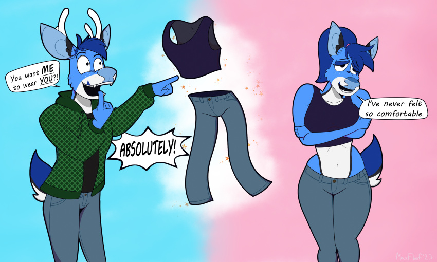after_transformation blue_body blue_fur clothing deer female fur gender_transformation happy hi_res magic magic_clothing male mammal maxfloof sequence text text_box transformation