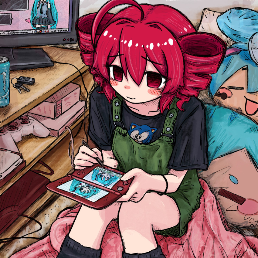 bubbacterial handheld_game_console hatsune_miku highres holding holding_handheld_game_console kasane_teto nintendo_ds utau vocaloid