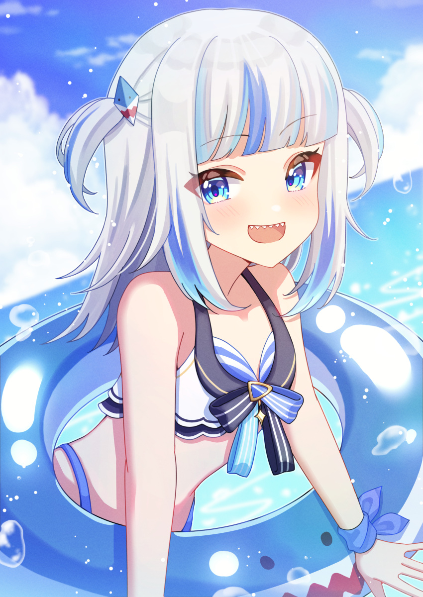 1girl absurdres bandana_around_arm bikini blue_bikini blue_eyes blue_hair blunt_bangs blush breasts day gawr_gura highres hololive hololive_english hololive_summer_2023_swimsuit innertube long_hair looking_at_viewer multicolored_hair ocean official_alternate_costume open_mouth outdoors sharp_teeth sky small_breasts smile solo streaked_hair striped striped_bikini swimsuit teeth tsumurimai two_side_up virtual_youtuber water white_hair