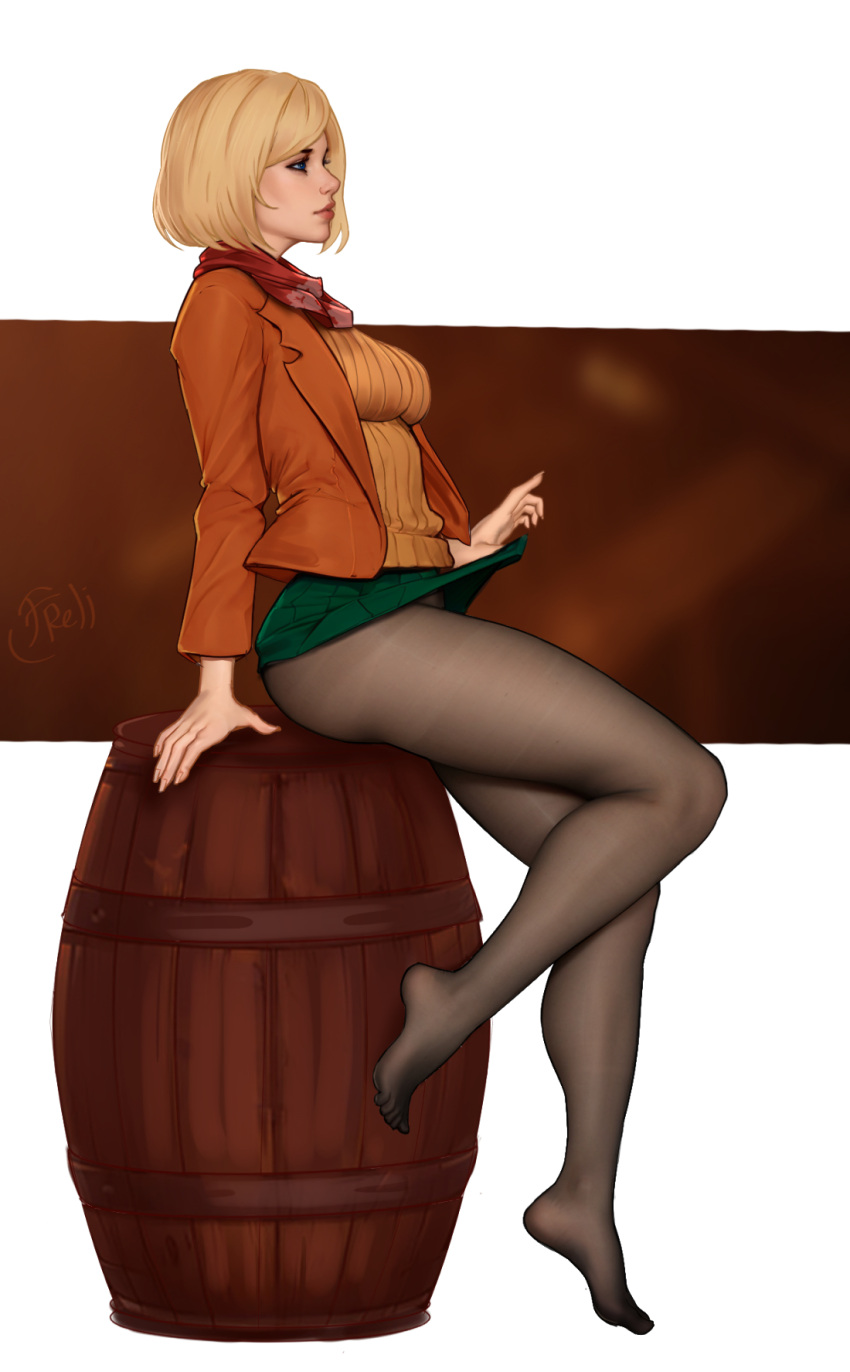 1girl arm_support artist_name ashley_graham barrel black_pantyhose blonde_hair blue_eyes breasts clothes_lift feet freli from_side full_body green_skirt highres jacket legs letterboxed lifted_by_self lips medium_breasts no_shoes open_clothes open_jacket orange_jacket orange_sweater pantyhose profile red_scarf resident_evil resident_evil_4 ribbed_sweater scarf short_hair sitting skirt skirt_lift solo sweater toes
