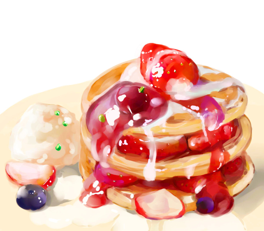 blueberry food food_focus fruit no_humans original pancake pancake_stack plate still_life strawberry strawberry_syrup syrup tsubasawings white_background