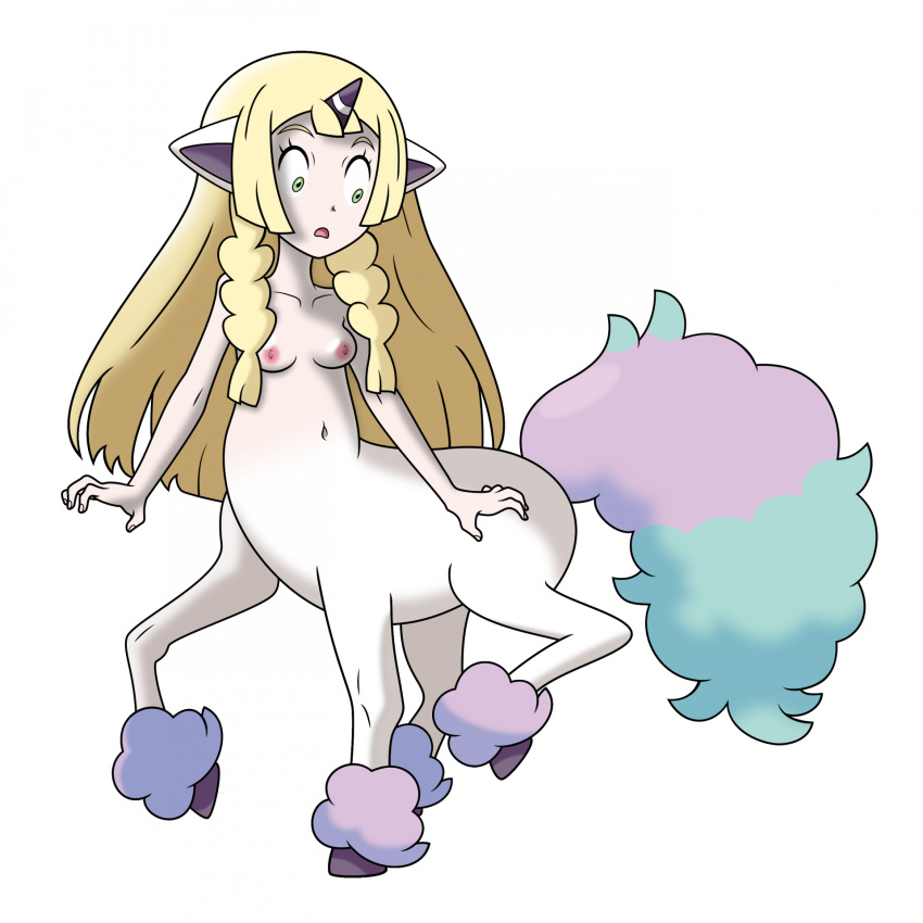 4_legs after_transformation alternate_species blonde_hair blue_body blue_fur braided_hair centaur cloud digital_drawing_(artwork) digital_media_(artwork) equid equid_taur erect_nipples eyelashes featureless_crotch female fur galarian_form galarian_ponyta generation_1_pokemon green_eyes hair hi_res hooves horn humanoid_taur hybrid implied_transformation joyvell leg_tuft lillie_(pokemon) long_hair long_tail looking_down_at_self mammal mammal_taur monster_girl_(genre) multicolored_body multicolored_fur multicolored_skin navel nintendo nipples not_furry nude open_mouth pink_body pink_fur pink_skin pokemon pokemon_(species) pokemon_taur ponyta prick_ears red_nipples regional_form_(pokemon) shocked simple_background solo standing tail taur transformation tuft two_tone_body two_tone_fur two_tone_skin white_background white_body white_skin