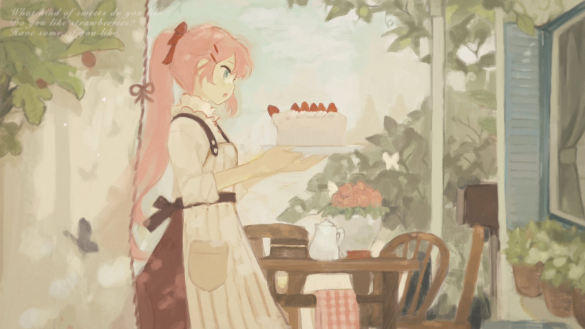 1girl apron black_sash blue_eyes blue_sky bow bug butterfly cake chisato_charme cloud cloudy_sky cursive curtains day english_text flower foliage food from_side hair_bow hair_ornament hairclip highres holding holding_cake holding_food long_hair long_sleeves looking_ahead open_mouth original outdoors pink_flower pink_hair pink_rose plant ponytail potted_plant red_bow red_skirt rose sash shirt skirt sky smile solo standing strawberry_cake striped striped_apron table teapot vertical-striped_apron vertical_stripes white_apron white_shirt window