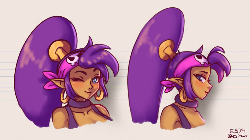 blue_eyes brown_body brown_skin clothing ear_piercing ear_ring es74 female genie hair hi_res humanoid humanoid_pointy_ears long_hair not_furry one_eye_closed piercing ponytail purple_hair ring_piercing shantae shantae_(series) signature smile solo wayforward wink