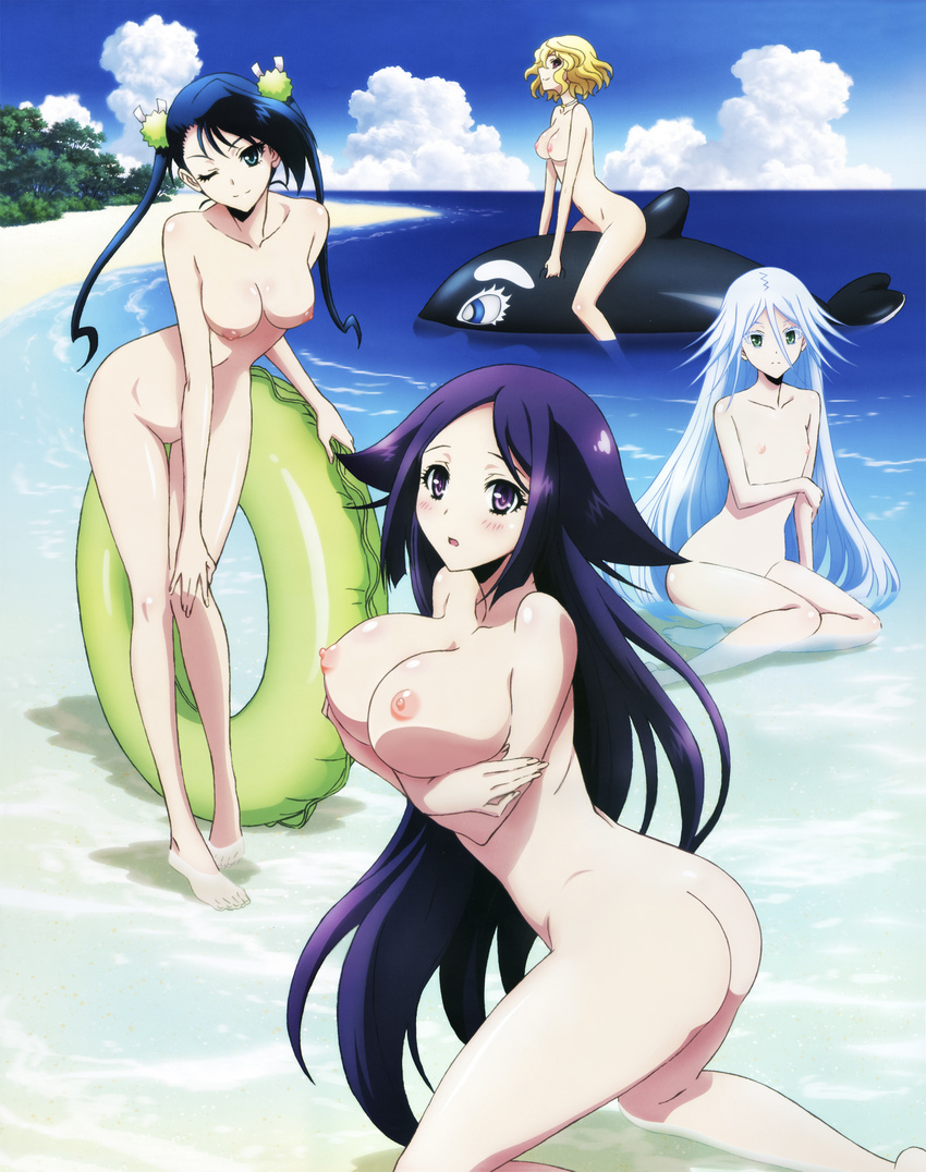 4girls aqua_eyes areolae arm_grab arm_support ass barefoot beach blonde_hair blue_hair blush breast_hold breasts choker cloud crossed_arms feet female flat_chest forest green_eyes hair_ornament hand_on_knee hibachi_(mushibugyou) highres holding_arm inflatable_orca inflatable_toy inflatable_whale innertube kneeling kuroageha_(mushibugyou) large_breasts leaning_forward legs long_hair looking_at_viewer looking_back mitsuki_(mushibugyou) multiple_girls mushibugyou nature nipples nude nude_filter ocean oharu_(mushibugyou) one_eye_closed open_mouth outdoors partially_submerged photoshop purple_hair red_eyes short_hair silver_hair sitting sky smile standing thighs toes twintails wading water whale wink yamashita_yoshimitsu yokozuwari