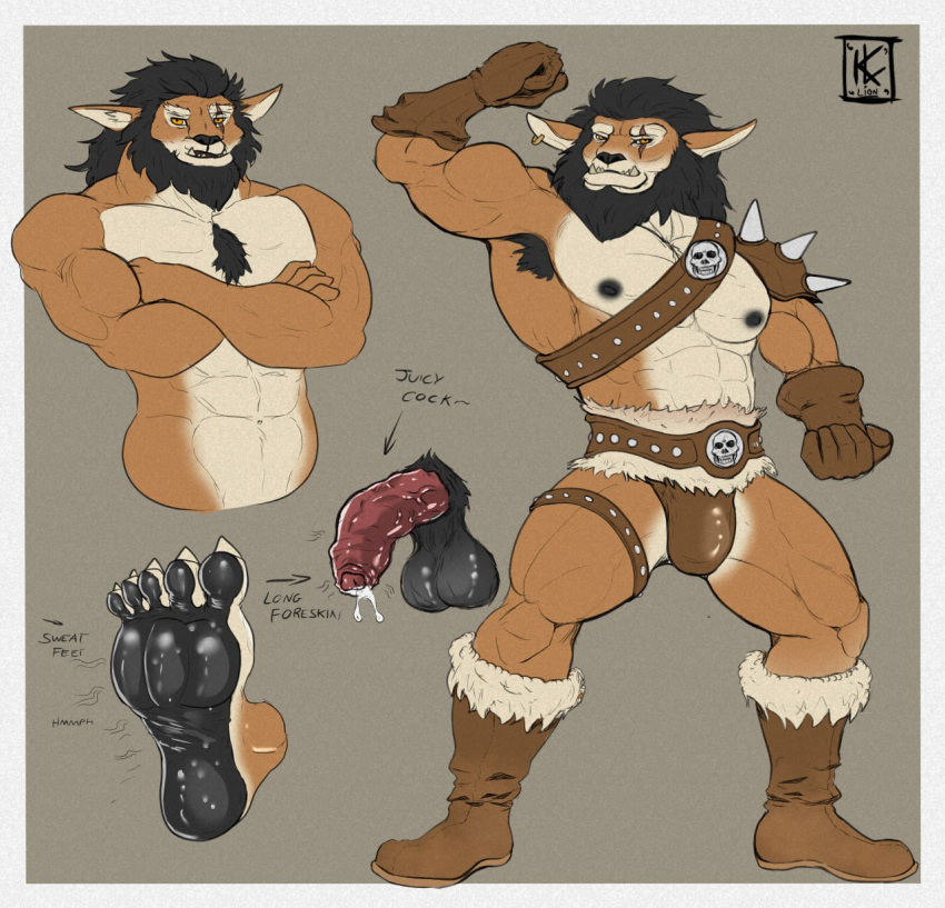 abs anthro armpit_hair balls beard belt big_penis black_balls black_beard black_hair black_nipples bodily_fluids body_hair boots bottomwear bugbear chest_tuft clothing cum ear_piercing ear_ring eye_scar facial_hair facial_scar feet flexing footwear foreskin fur genital_fluids genitals ghunnar hair half-erect harness hi_res kirlanlion leaking_cum leaking_precum leather leather_boots leather_clothing leather_footwear leather_harness loincloth male muscular muscular_anthro muscular_male nipples pecs penis piercing pink_penis precum ring_piercing scar shoulder_pads solo sweat sweaty_feet tan_body tan_fur tuft vein veiny_penis yellow_eyes