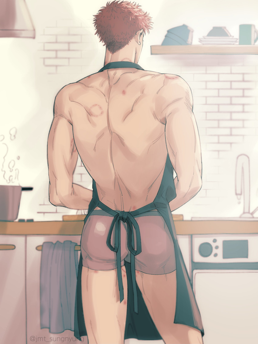 1boy apron back back_focus bite_mark bite_mark_on_back bite_mark_on_leg bite_mark_on_neck bite_mark_on_shoulder bite_mark_on_thigh black_apron cowboy_shot highres indoors jmt_sungnyung kitchen male_focus male_underwear nearly_naked_apron oven red_hair red_male_underwear sakuragi_hanamichi short_hair slam_dunk_(series) solo toned toned_male underwear