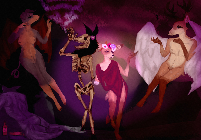 16:9 2023 4k absurd_res adlerokonma alcohol ambiguous_gender animal_humanoid anthro beverage bone breasts canid canid_demon canid_humanoid canine canine_humanoid canis cemetery cigarette clothed clothing colored deer demon detailed digital_drawing_(artwork) digital_media_(artwork) digital_painting_(artwork) dobermann domestic_dog dress drunk ethereal eyeliner eyes_closed eyeshadow feathered_wings feathers female floating flower flower_crown full-length_portrait fur garden group hellhound hi_res holding_object humanoid jvnosacrifice long_tail looking_away makeup male mammal mammal_humanoid mascara membrane_(anatomy) membranous_wings nails nude petals pinscher plant portrait procyonid raccoon red_clothing red_dress sad scalie shaded simple_background skeleton skull smoke smoking substance_intoxication tail tombstone walking widescreen wine wings wolf