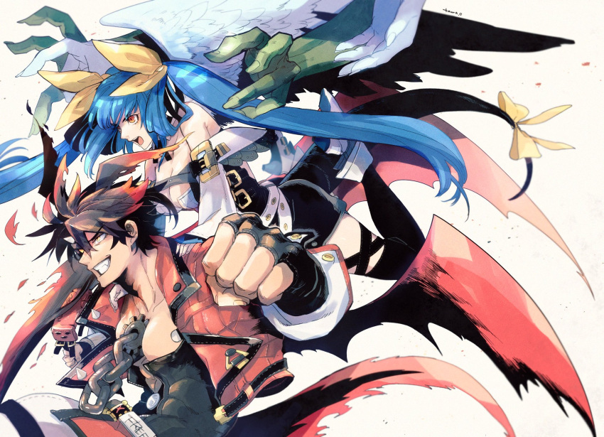 1_ssmk 1boy 1girl angel_wings asymmetrical_wings bare_shoulders belt black_gloves blue_hair breasts brown_hair chain cleavage cleavage_cutout clothing_cutout collarbone detached_sleeves dizzy_(guilty_gear) dragon_install dragon_tail dragon_wings english_text father_and_daughter fingerless_gloves gloves guilty_gear guilty_gear_strive guilty_gear_xrd hair_ribbon hair_rings high_heels highres large_breasts large_pectorals monster_girl necro_(guilty_gear) open_mouth pectorals red_eyes ribbon signature smile sol_badguy tail tail_ornament tail_ribbon twintails undine_(guilty_gear) wings yellow_eyes yellow_ribbon