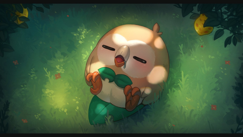anhmaruwu animal_focus beak berry_(pokemon) bird blush closed_eyes commentary drooling english_commentary feathers flower highres letterboxed lying no_humans on_back on_grass open_mouth outdoors owl pokemon pokemon_(creature) pokemon_sm red_flower rowlet saliva sitrus_berry sleeping