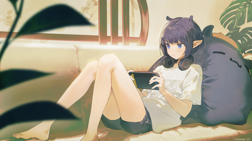 1girl artist_name bare_legs barefoot black_shorts blurry character_pillow couch depth_of_field dolphin_shorts frown headphones headphones_around_neck highres hololive hololive_english indoors knees_together_feet_apart ninomae_ina'nis ninomae_ina'nis_(5th_costume) ninomae_ina'nis_(artist) nintendo_switch on_couch plant playing_games pointy_ears purple_eyes purple_hair reclining shirt short_hair shorts signature sitting solo t-shirt takodachi_(ninomae_ina'nis) tentacle_hair virtual_youtuber white_shirt window