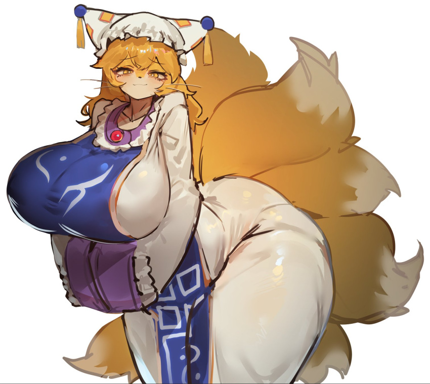 alternate_species animal_humanoid anthro big_breasts blonde_hair breasts canid canid_humanoid canine canine_humanoid clothed clothing female fox fox_humanoid fur furrification hair hi_res huge_breasts humanoid kemono mammal mammal_humanoid multi_tail ran_yakumo short_hair simple_background solo tail thick_thighs touhou utterangle wide_hips yellow_eyes