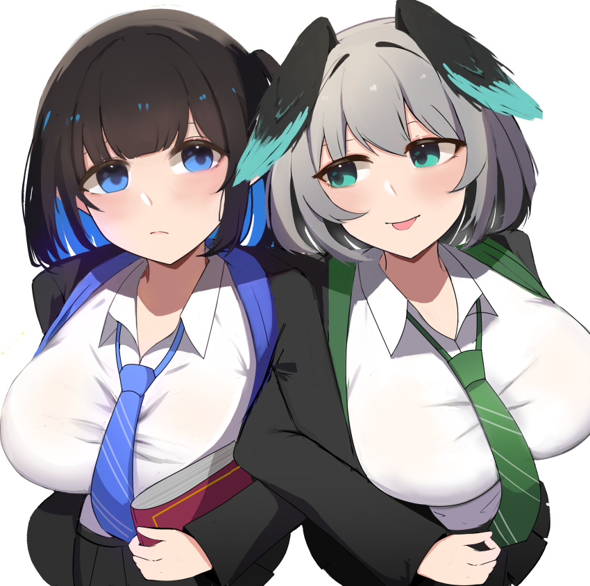 2girls :p absurdres arknights black_hair blue_eyes breasts couple eunectes_(arknights) green_eyes harry_potter_(series) head_wings highres ho'olheyak_(arknights) large_breasts multiple_girls nearvel school_uniform tongue tongue_out wings wizarding_world