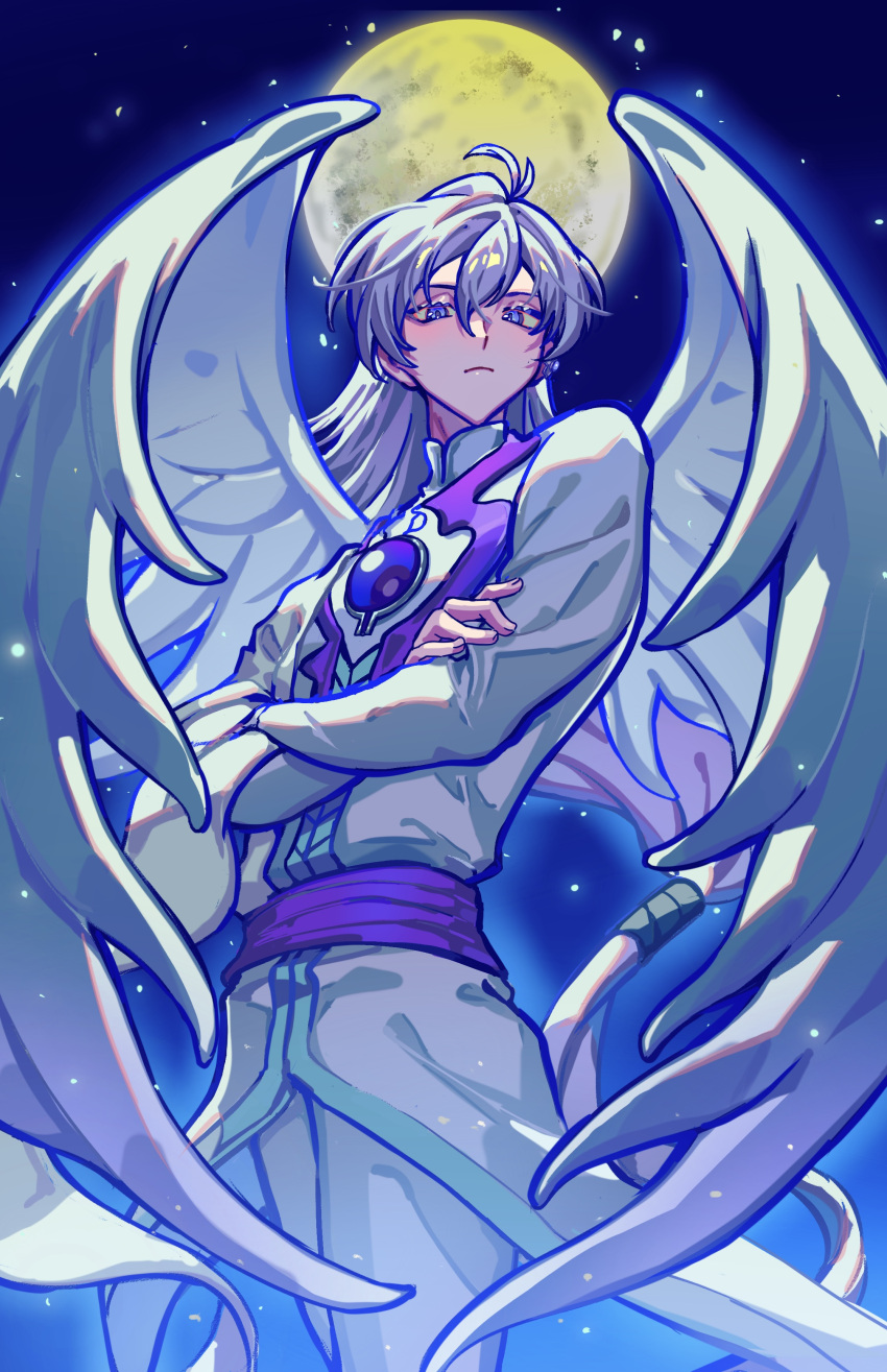 1boy absurdres angel_wings belt blue_eyes brooch cardcaptor_sakura commentary crossed_arms feathered_wings frown full_moon haru4aki highres jewelry looking_at_viewer looking_down male_focus moon outdoors pants purple_belt shirt solo star_(sky) white_background white_pants white_shirt wings yue_(cardcaptor_sakura)