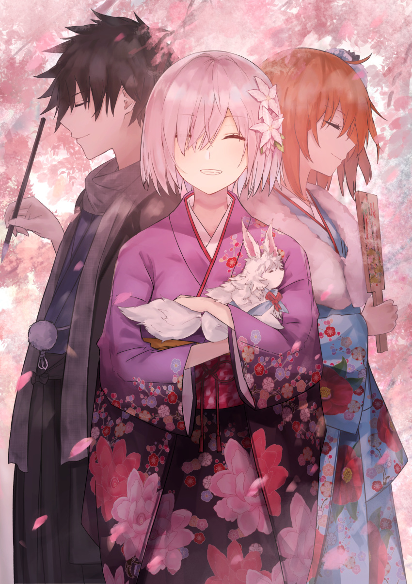 1boy 2girls ^_^ absurdres ahoge alternate_costume black_hair black_hakama blue_kimono calligraphy_brush cherry_blossoms closed_eyes commentary_request cowboy_shot eyes_closed facing_viewer fate/grand_order fate_(series) floral_print fou_(fate/grand_order) from_side fujimaru_ritsuka_(female) fujimaru_ritsuka_(male) fur_trim grey_scarf grin hakama hand_up haori highres holding holding_brush japanese_clothes kimono long_sleeves mash_kyrielight multiple_girls obi orange_hair paddle paintbrush pink_hair pink_sash profile purple_kimono sash scarf short_hair smile standing thkani wide_sleeves