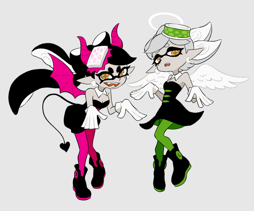 2girls :d :o angel_wings ankle_boots bare_shoulders bat_wings black_dress black_footwear black_hair black_jumpsuit black_tail boots bow-shaped_hair breasts callie_(splatoon) cleavage cousins cross-shaped_pupils demon_horns demon_tail detached_collar dress earrings fangs feathered_wings food food_on_head gloves green_pantyhose grey_background grey_hair halo horns jewelry jumpsuit long_hair marie_(splatoon) mole mole_under_eye multiple_girls object_on_head open_mouth orange_eyes pantyhose pink_pantyhose pointy_ears short_eyebrows short_jumpsuit simple_background small_breasts smile splatoon_(series) splatoon_1 strapless strapless_dress suction_cups symbol-shaped_pupils tail teeth tentacle_hair teo_(teorekka) very_long_hair white_gloves white_wings wings