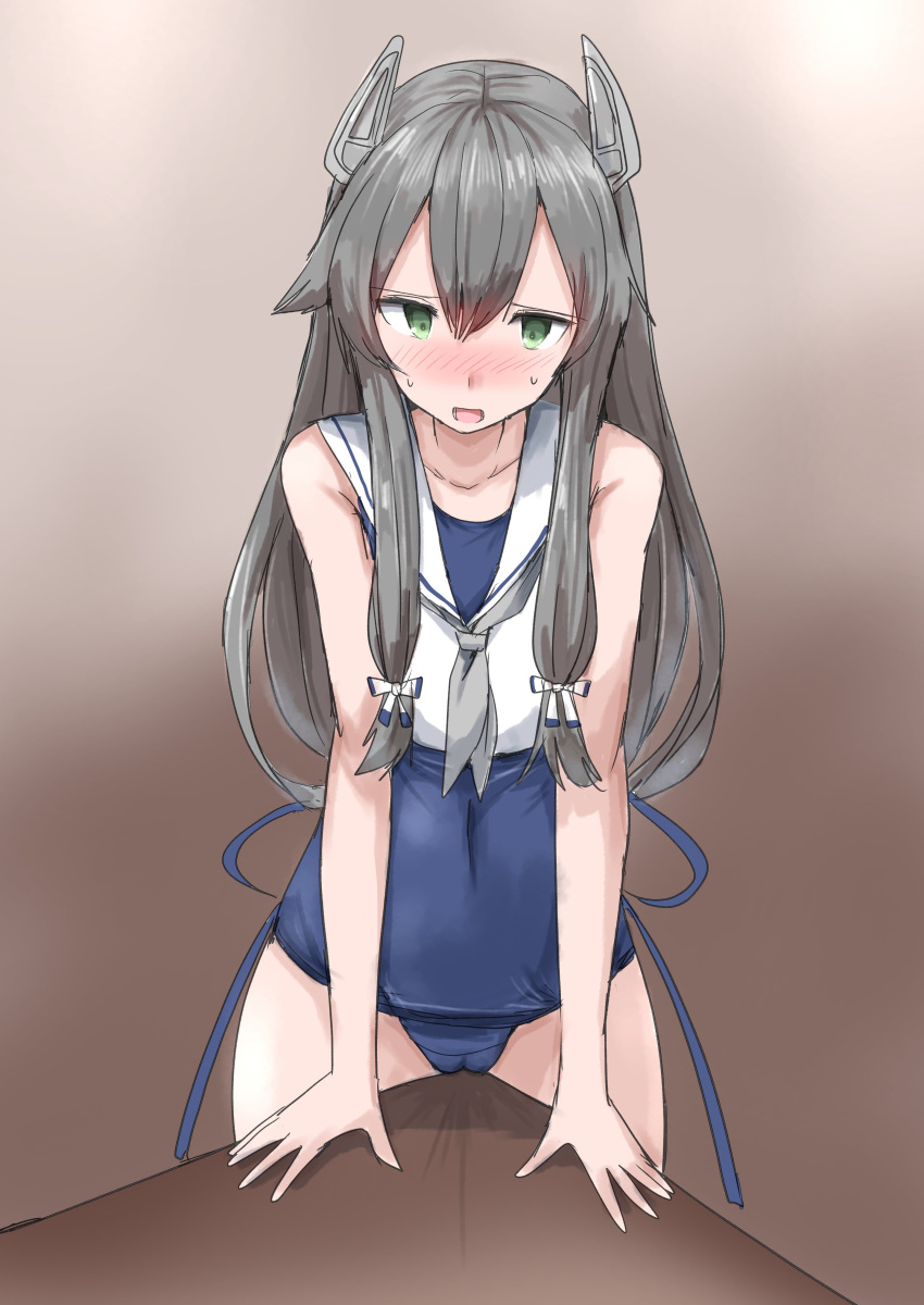 1girl absurdres black_hair blue_one-piece_swimsuit blush brown_background covered_navel crotch_rub desk female_masturbation green_eyes grey_neckerchief hair_between_eyes hair_ribbon headgear highres i-47_(kancolle) kamaboko_senshi kantai_collection long_hair low-tied_long_hair masturbation masturbation_through_clothes neckerchief one-piece_swimsuit open_mouth ribbon sailor_collar school_swimsuit solo swimsuit swimsuit_under_clothes table_humping tress_ribbon white_sailor_collar