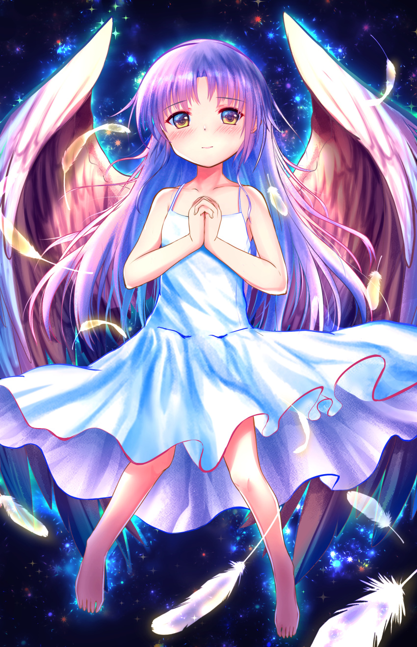 1girl absurdres alternate_costume angel angel_beats! angel_wings bare_arms barefoot black_background blush closed_mouth collarbone commentary dress eyelashes falling_feathers feathered_wings feathers flat_chest floating_clothes floating_hair full_body glowing glowing_wings highres interlocked_fingers izumikuu long_hair looking_at_viewer midair own_hands_together parted_bangs simple_background solo sparkle sundress tachibana_kanade toes very_long_hair white_dress white_feathers white_hair white_wings wings yellow_eyes