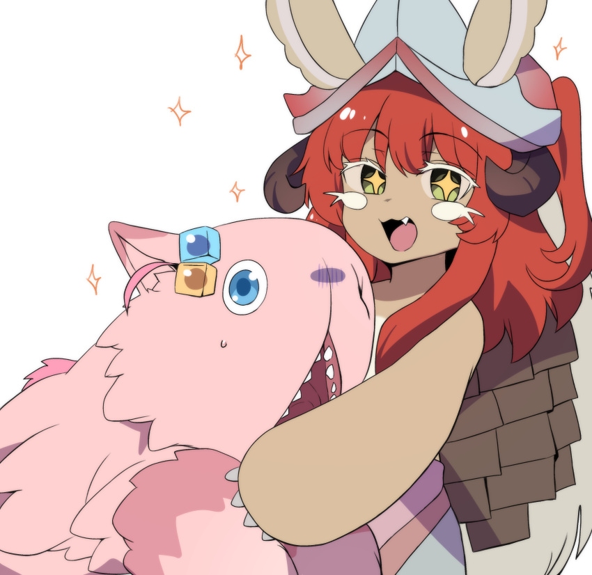 +_+ 2girls absurdres ahoge animal_ears bocchi_the_rock! body_fur brown_fur commentary cube_hair_ornament detached_ahoge ears_through_headwear fake_horns furry furry_other gotoh_hitori hair_ornament helmet highres hinghoi horizontal_pupils horned_helmet horns kita_ikuyo long_hair made_in_abyss mitty_(made_in_abyss) multiple_girls nanachi_(made_in_abyss) one_side_up puffy_pants red_hair side_ahoge smile topless whiskers