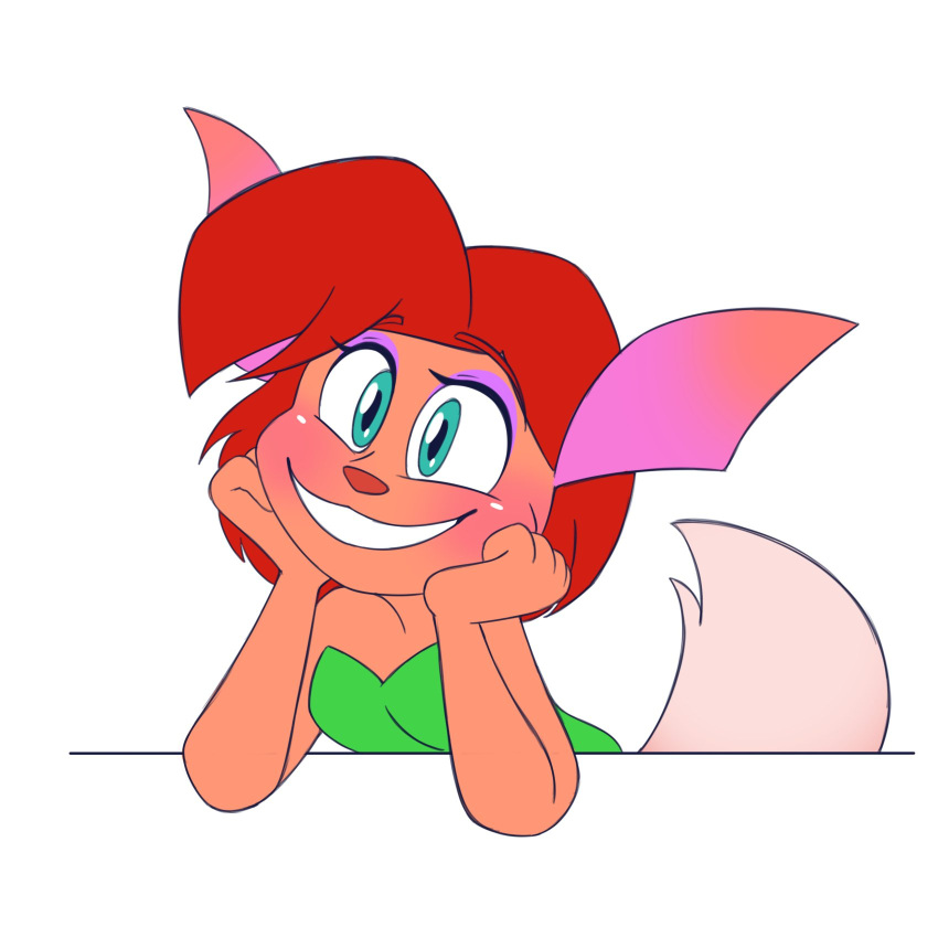 2023 8-bit-britt activision anthro black_pupils blue_eyes blush brown_body brown_ears brown_fur brown_hair clothing digital_media_(artwork) elora faun_(spyro) female fur green_clothing green_topwear hair hand_on_face happy hi_res pink_nose pupils simple_background smile solo spyro_the_dragon tail teeth topwear white_background white_tail