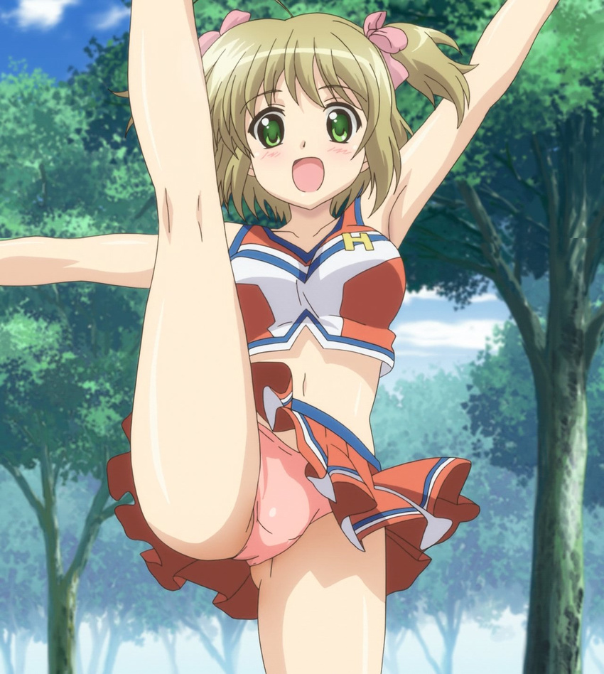 blonde_hair cheerleader green_eyes kurabu_katsuyo panties pantyshot pink_panties pom_poms r-15 screencap skirt underwear