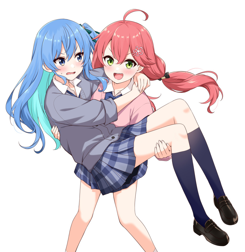 2girls :d ahoge aqua_hair arms_around_neck black_footwear blue_eyes blue_hair blue_skirt blue_socks blush cardigan carrying colored_inner_hair cowboy_shot double-parted_bangs dress_shirt embarrassed feet_out_of_frame felutiahime green_eyes grey_cardigan grey_skirt hair_between_eyes hair_ornament hairclip highres hololive hoshimachi_suisei kneehighs loafers long_hair looking_at_another looking_at_viewer low_twintails miniskirt multicolored_hair multiple_girls official_alternate_costume official_alternate_hairstyle one_side_up pink_cardigan pink_hair plaid plaid_skirt pleated_skirt princess_carry sakura_miko school_uniform shirt shoes sideways_glance simple_background skirt smile socks star_(symbol) star_in_eye sweatdrop symbol_in_eye twintails v-shaped_eyebrows virtual_youtuber white_background white_skirt yuri