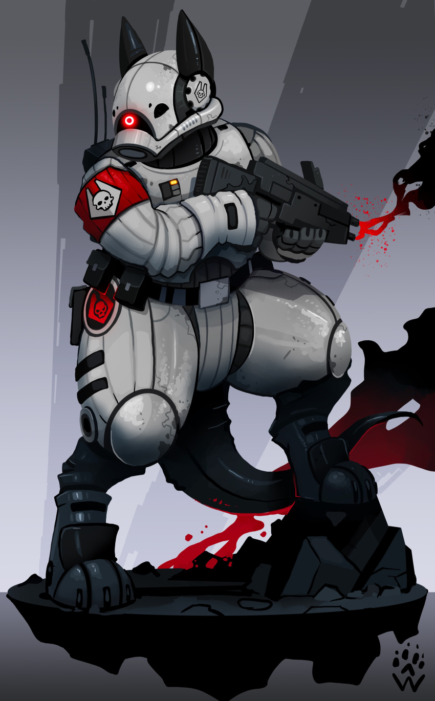 3_toes absurd_res ambiguous_species anthro armor assault_rifle boots clothed clothing combine_elite digitigrade feet footwear gun headgear helmet hi_res machine male protogen ranged_weapon rifle soldier solo standing toes warrior weapon wolfdawg
