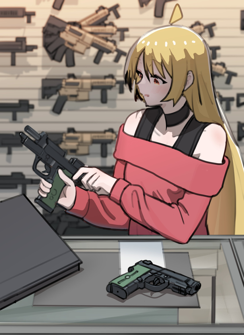 1girl absurdres antenna_hair assault_rifle blonde_hair bocchi_the_rock! choker cocking_gun glass_container gugyun_(gugyun_00) gun handgun highres ijichi_seika long_hair looking_down red_eyes rifle solo trigger_discipline weapon weapon_rack weapon_request