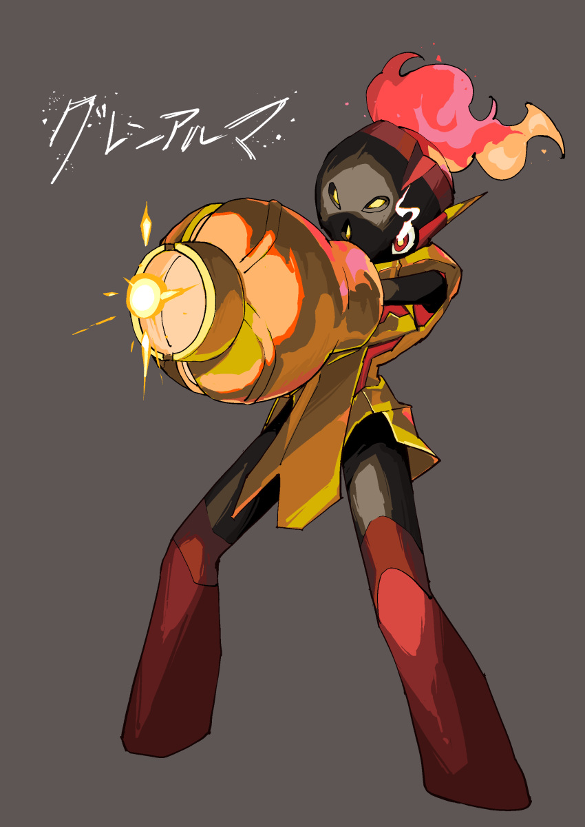 1other absurdres aiming arm_cannon arm_up armarouge armor black_headwear black_skin breastplate character_name colored_skin commentary eye_trail fiery_hair fire full_body grey_background helmet high_ponytail highres himurohiromu legs legs_apart light_trail multicolored_hair multicolored_skin orange_hair other_focus outstretched_arm pelvic_curtain pokemon pokemon_(creature) powering_up red_eyes red_hair red_skin short_hair simple_background solo standing translated two-tone_hair two-tone_skin weapon yellow_armor yellow_pupils