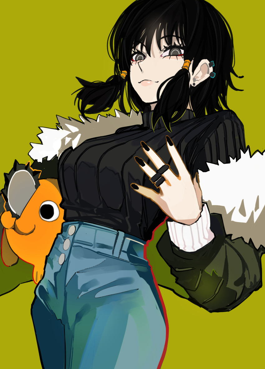 1girl absurdres black_eyes black_hair black_nails black_sweater chainsaw_man coat denim dog ear_piercing earrings highres jeans jewelry looking_at_viewer mifune_fumiko multiple_rings pants piercing pochita_(chainsaw_man) ring sailen0 short_hair sweater twintails