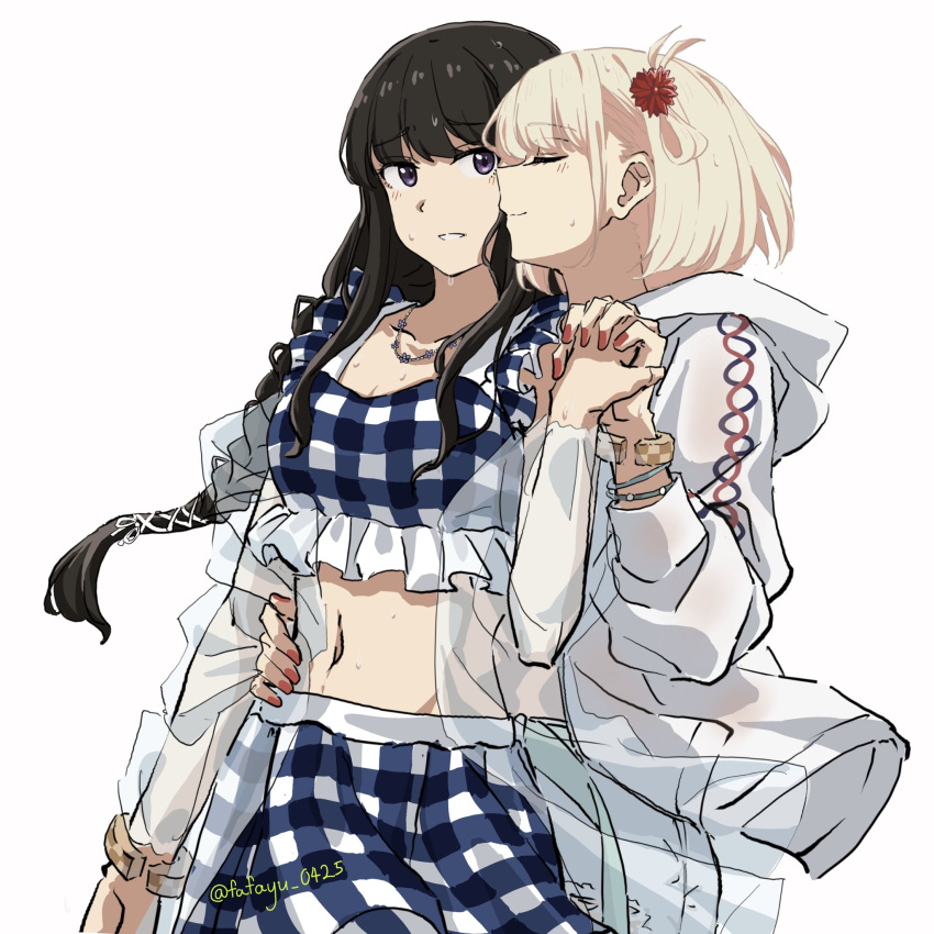 2girls alternate_hairstyle bikini black_hair blonde_hair blue_bikini blush bob_cut bracelet braid breasts chinese_commentary cleavage closed_eyes closed_mouth collarbone commentary_request cowboy_shot fafayu flower flower_request frilled_bikini frills hair_flower hair_ornament hand_on_another's_waist highres hood hood_down hooded_jacket inoue_takina interlocked_fingers jacket jewelry long_hair long_sleeves lycoris_recoil medium_breasts multiple_girls nail_polish navel necklace nishikigi_chisato one_side_up parted_lips plaid plaid_bikini purple_eyes red_nails see-through see-through_sleeves short_hair sidelocks simple_background stomach swimsuit wet white_background white_jacket yuri