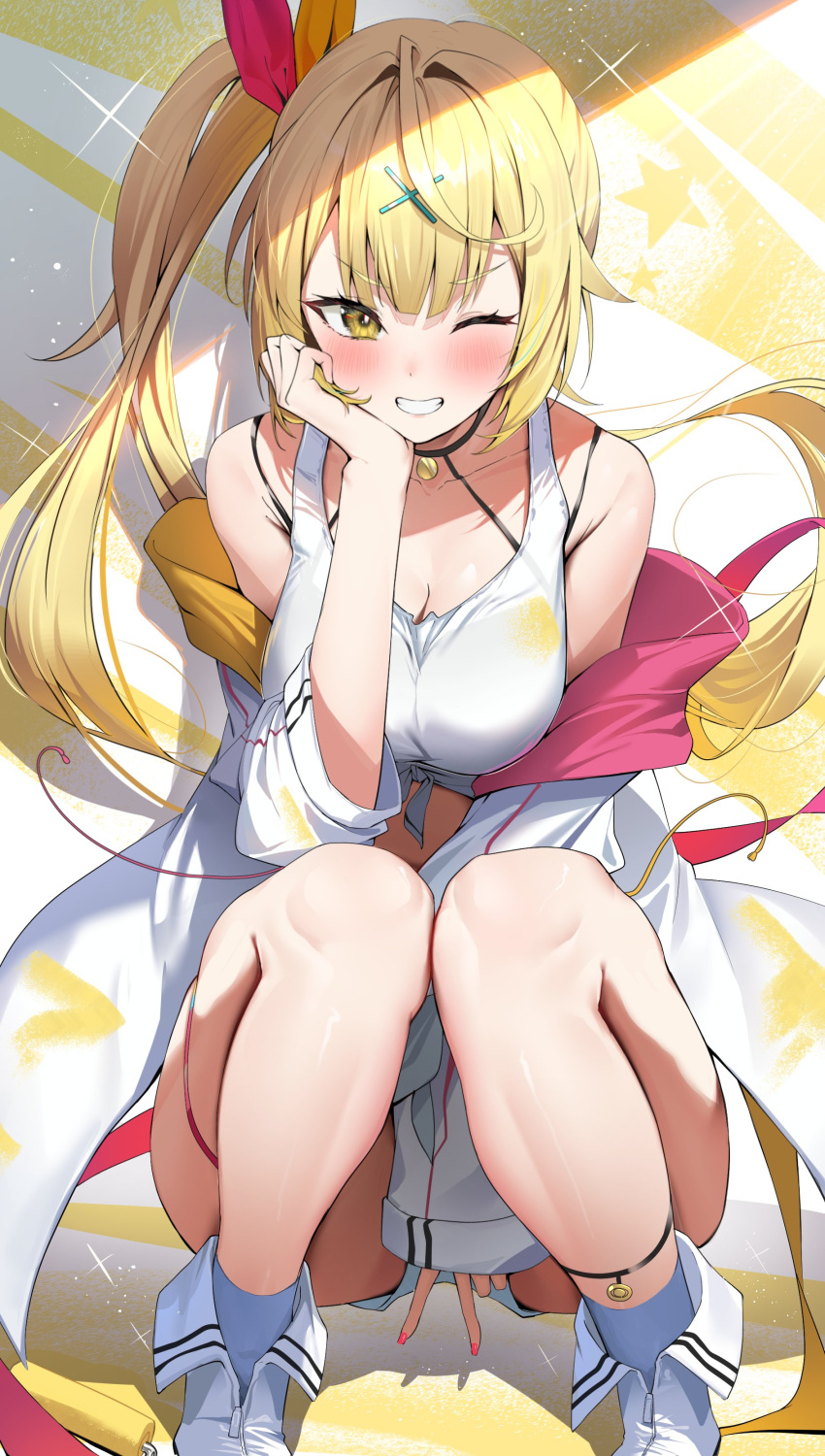 1girl absurdres ahoge ankle_strap asymmetrical_hair blonde_hair blush breasts cleavage commentary full_body grey_socks grin hair_intakes hair_ornament hair_ribbon hand_on_own_chin head_rest highres hoshikawa_sara hoshikawa_sara_(1st_costume) jacket knees_together_feet_apart long_hair looking_at_viewer medium_breasts midriff nail_polish nijisanji off_shoulder one_eye_closed open_clothes open_jacket paint_on_clothes paint_roller panda_0035 pink_nails pink_ribbon ribbon shirt shoes side_ponytail smile socks solo squatting star_(symbol) tank_top teeth thigh_strap tied_shirt two-tone_ribbon v virtual_youtuber white_footwear white_jacket white_tank_top x_hair_ornament yellow_eyes yellow_ribbon