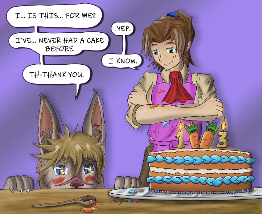 absurd_res anthro apron auroran_archive birthday brown_body cake candle carrot carrot_cake clothing colored curious dessert farfener female food furry happy hi_res human kind kindness lagomorph leporid links male mammal mel_(disambiguation) mel_(links) plant platter rabbit surprise the_auroran_archive the_farfener trip trip_(links) vegetable