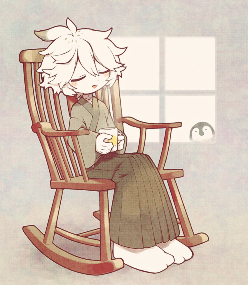 1boy barefoot bird blush chair closed_eyes coffee_mug collar colored_skin comfy commission cup funamusea funamusea_(artist) highres holding holding_cup ice_scream japanese_clothes male_focus messy_hair mug open_mouth penguin rocking_chair sitting skeb_commission smile solo stalking white_hair white_skin window yukisada