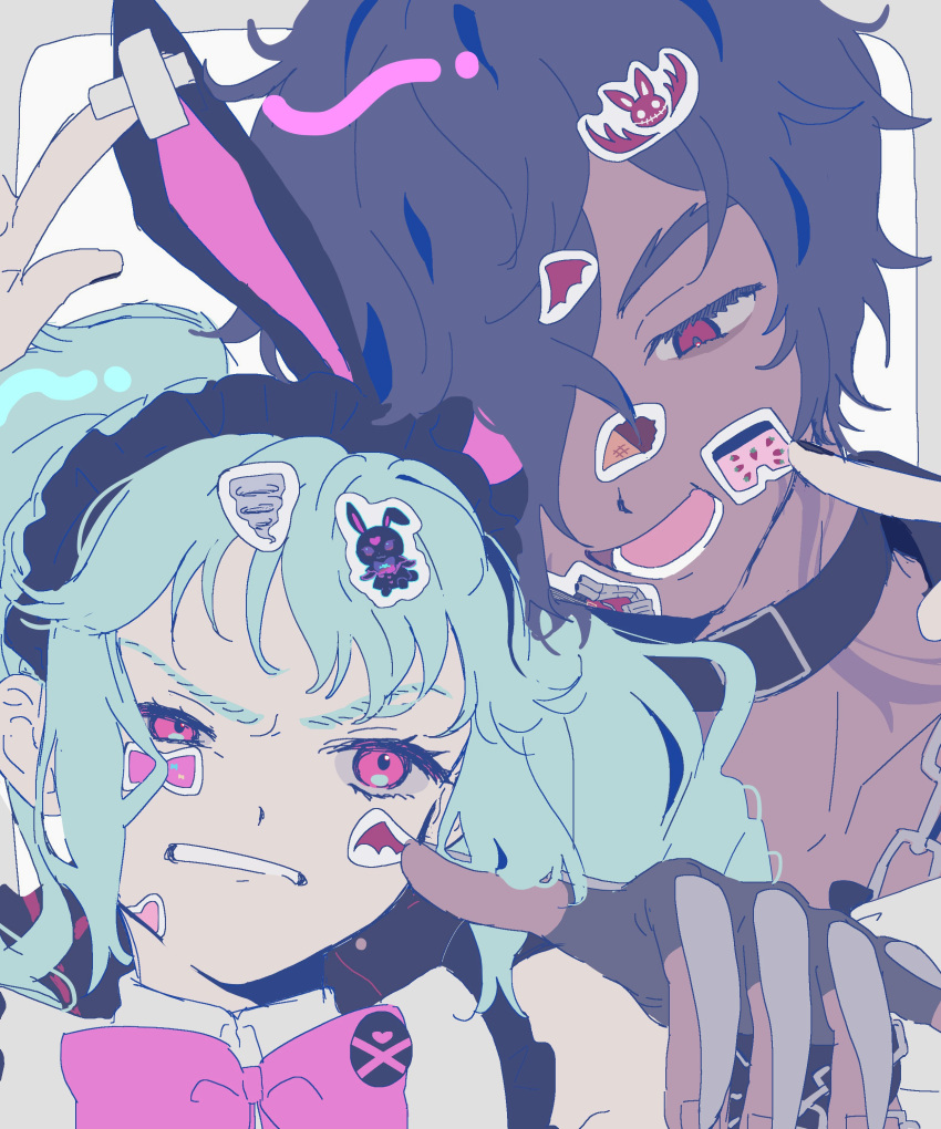 1boy 1girl absurdres animal_ears annoyed black_collar black_gloves blue_hair bone_oyasumi cheek_poking collar dark-skinned_male dark_skin fake_animal_ears fingerless_gloves furrowed_brow gloves highres idol_land_pripara katasumi_amari long_hair looking_at_another mario_(pripara) open_mouth pink_eyes poking pretty_series pripara rabbit_ears red_eyes scowl short_hair smile sticker_on_face teeth twintails upper_body