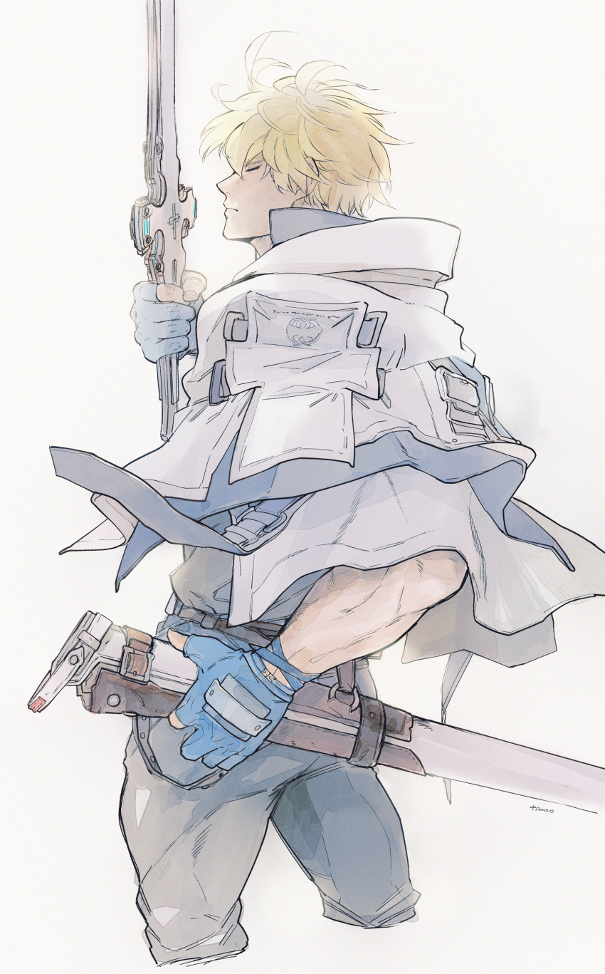 1_ssmk 1boy absurdres blonde_hair blue_gloves closed_eyes closed_mouth gloves guilty_gear guilty_gear_strive highres holding holding_sword holding_weapon jacket jacket_on_shoulders ky_kiske male_focus partially_fingerless_gloves praying signature solo sword thunderseal unsheathed weapon white_jacket