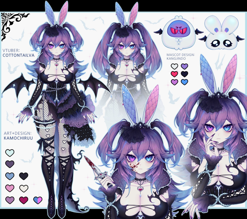 1girl animal_ears black_choker black_footwear black_ribbon black_skirt black_sleeves black_wings blood blood_on_face blood_on_weapon blue_eyes blue_hair bodice boots breasts chain choker cleavage collarbone color_guide cottontail_(vtuber) cross-laced_clothes cross-laced_sleeves detached_sleeves fingernails fishnet_pantyhose fishnets full_body heart heart_necklace heterochromia highres holding holding_knife indie_virtual_youtuber jewelry kamochiru knee_boots knife large_breasts leg_ribbon multicolored_hair necklace pantyhose purple_eyes purple_hair purple_nails rabbit_ears ribbon sharp_fingernails skirt solo streaked_hair thigh_ribbon tiara torn_clothes torn_skirt twintails weapon wings