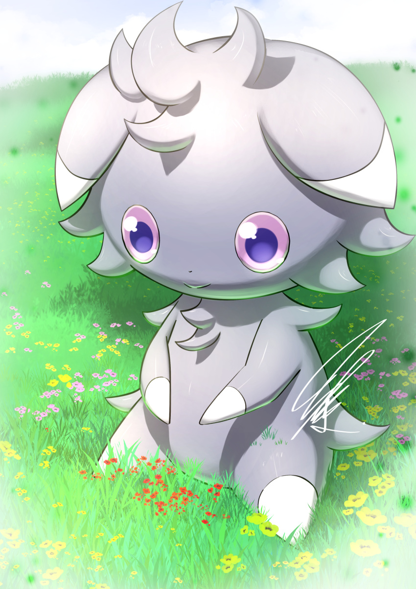 1other animal_ears artist_name blue_sky body_fur cat_ears closed_mouth cloud colored_sclera commentary_request dated_commentary day espurr flower full_body furry grass green_flower grey_fur happy highres looking_down mitsukuma448 on_ground other_focus outdoors partial_commentary pink_flower pokemon pokemon_(creature) purple_eyes purple_sclera red_flower signature sitting sky smile solo two-tone_fur white_fur yellow_flower