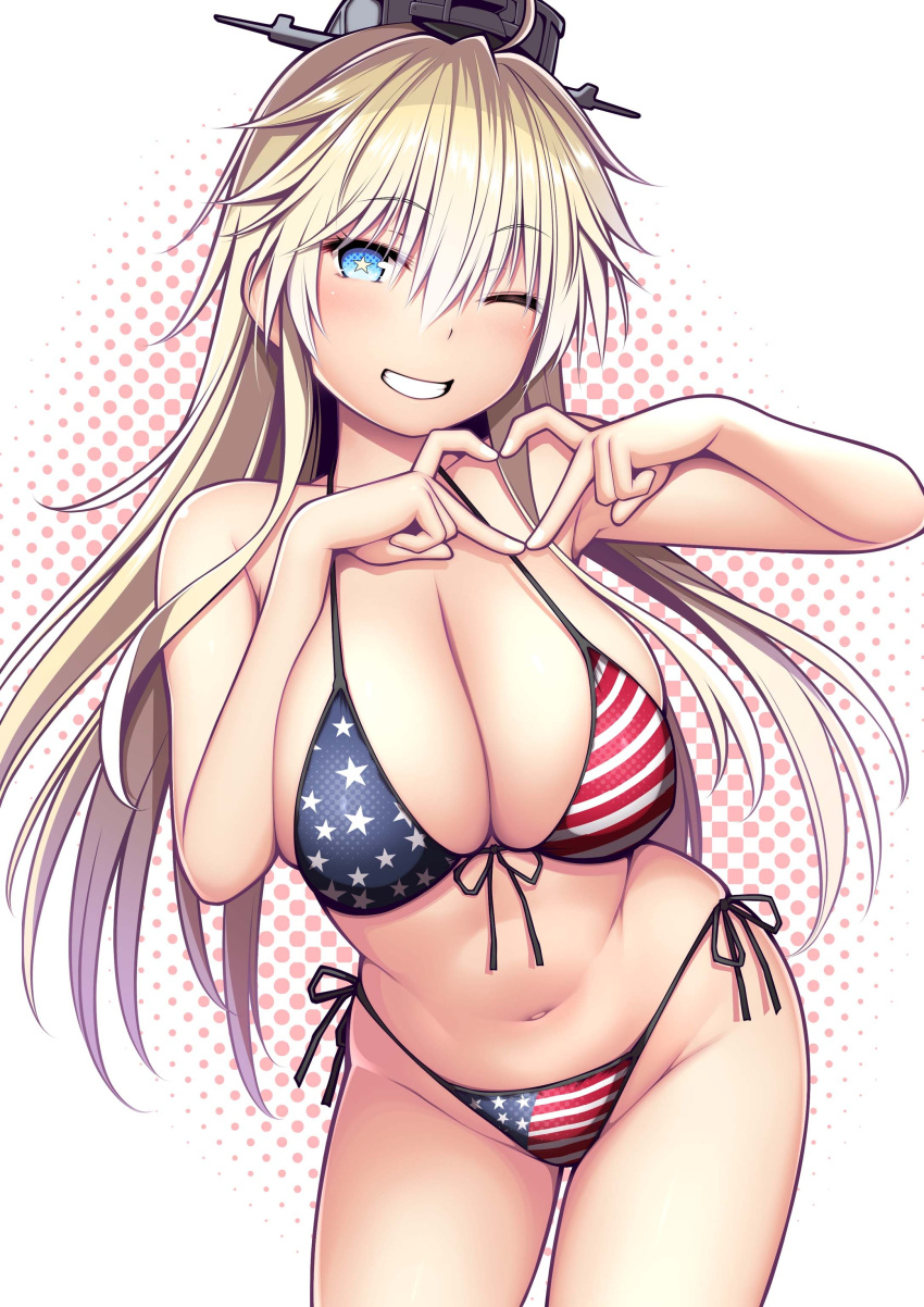 1girl absurdres ahoge american_flag_bikini bikini blonde_hair blue_eyes blush breasts cleavage flag_print grin hair_between_eyes headgear heart heart_hands highres iowa_(kancolle) kantai_collection kuromayu large_breasts long_hair one_eye_closed side-tie_bikini_bottom simple_background smile solo star-shaped_pupils star_(symbol) swimsuit symbol-shaped_pupils